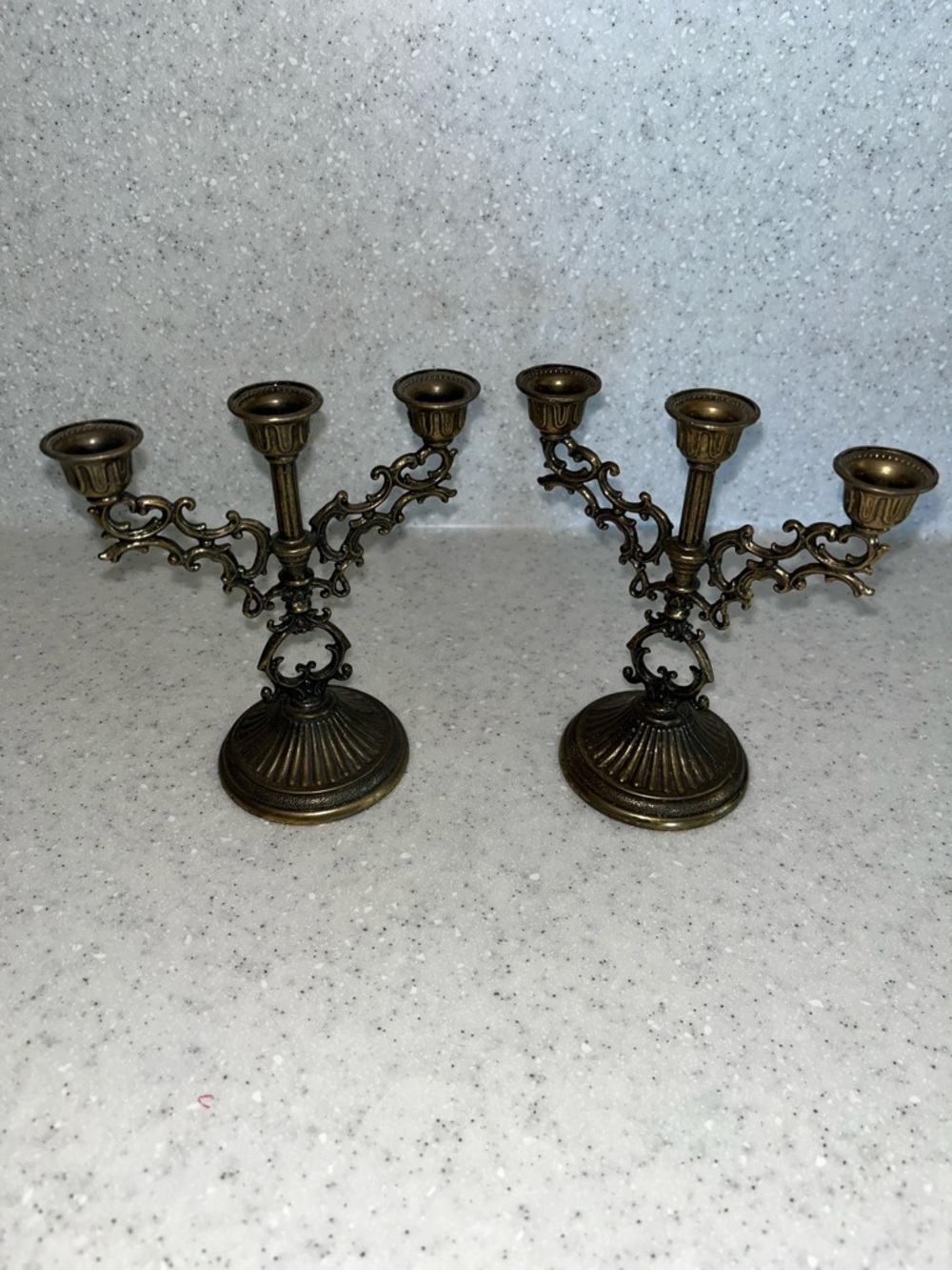Vtg Interpur Pair Mini Triple Candle Holders 5" Tall Solid Brass Made Italy MCM